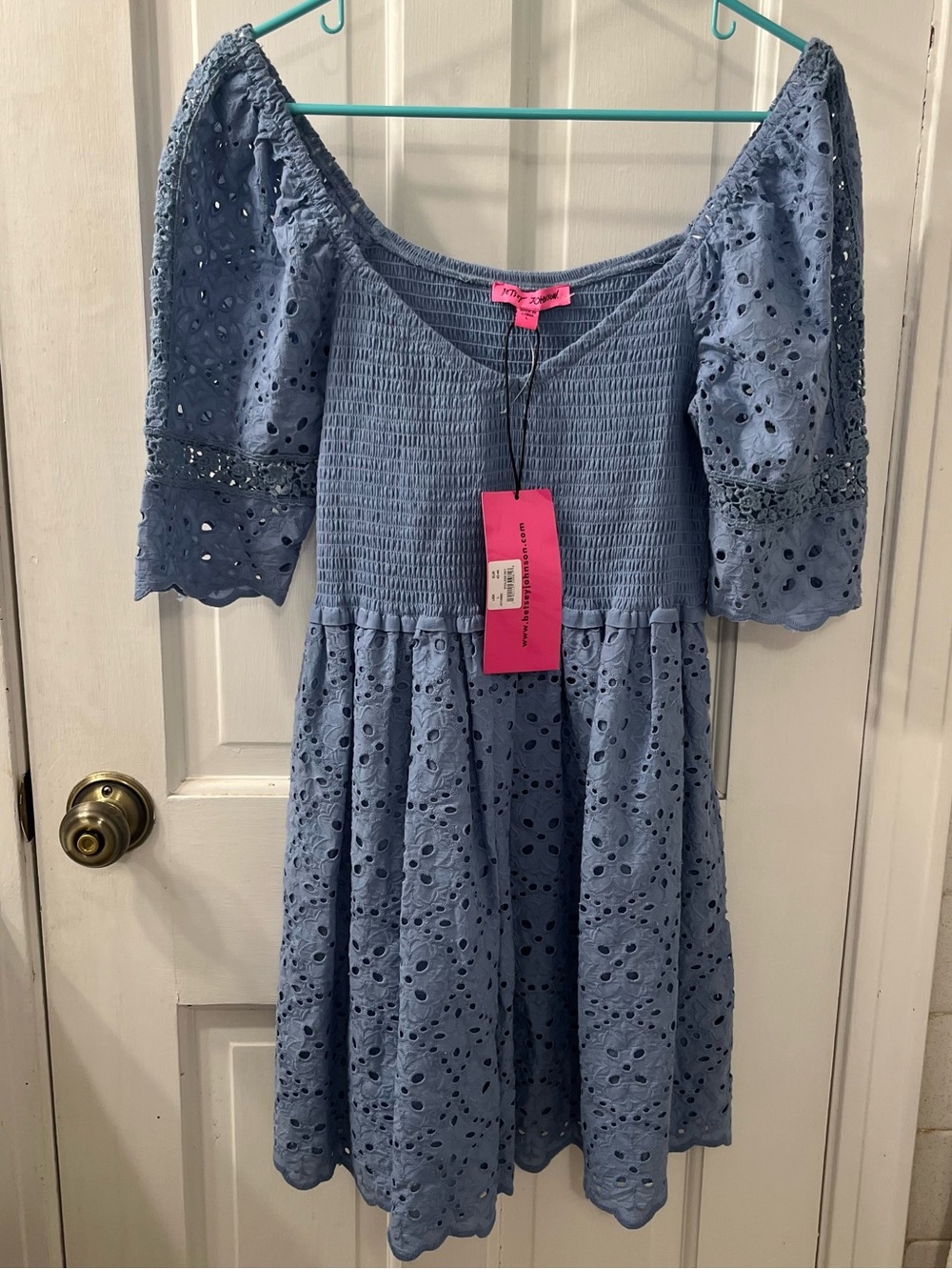 Betsey Johnson Smocked Puff Sleeve Eyelet Mini Dress in Endless Sky. NWT